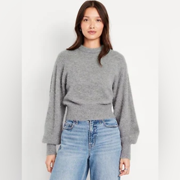 Red Dress Boutique Sweaters - Gray Puff Sleeve Mock Neck Cropped Sweater